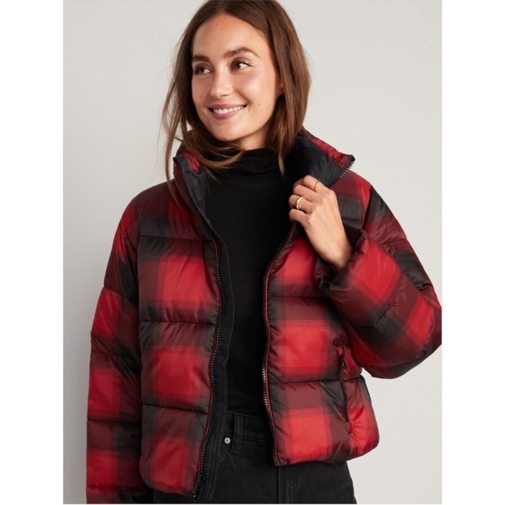 NWOT Old navy crop puffer jacket size xl red plaid water resistant full zip